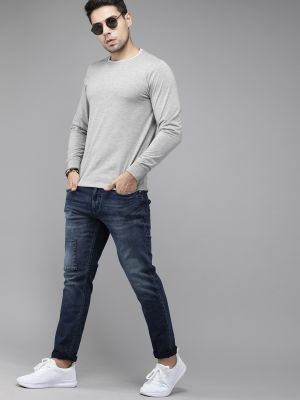Roadster Men Grey Melange Solid Round Neck T-shirt