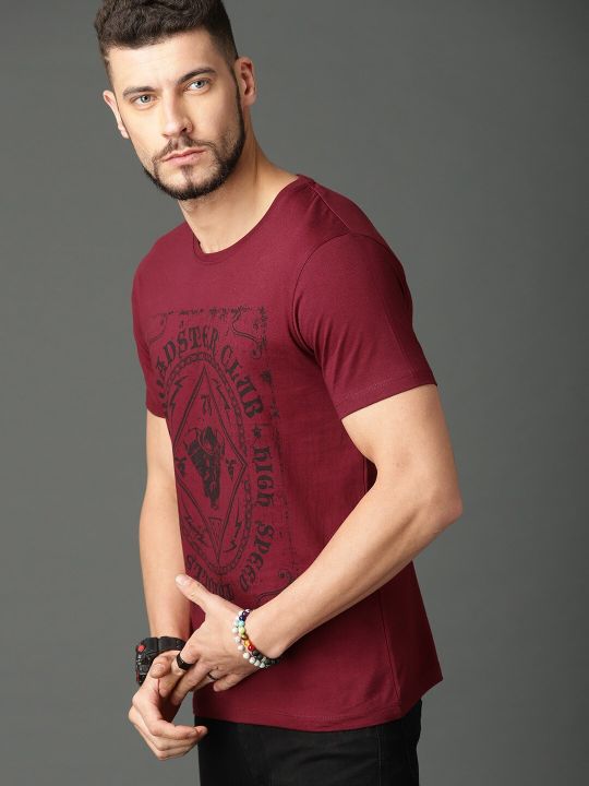 Roadster Men Maroon Printed Round Neck Pure Cotton T-shirt