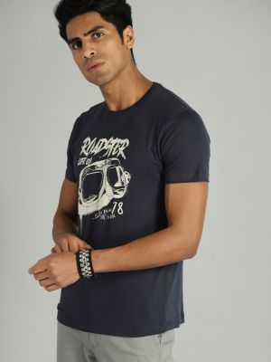 Roadster Men Navy Blue Beige Printed Round Neck Pure Cotton T-shirt