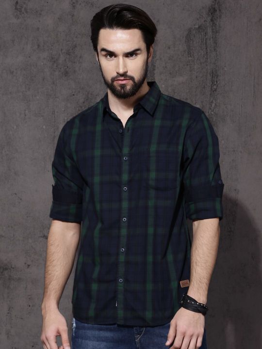 Roadster Men Navy Blue & Green Checked Casual Sustainable Shirt