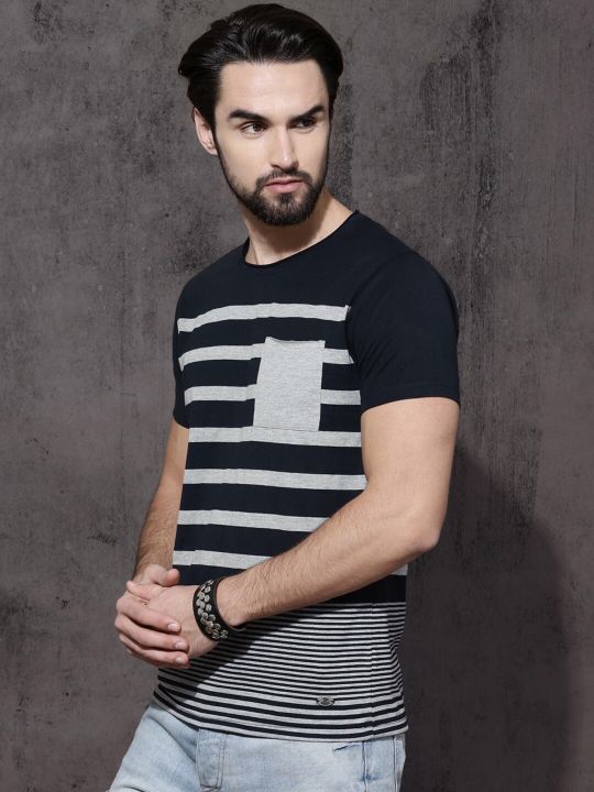 Roadster Men Navy Blue & Grey Striped Round Neck T-shirt