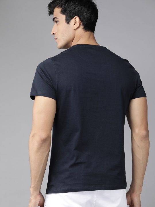 Roadster Men Navy Blue & Mustard Yellow Printed Cotton Round Neck T-shirt