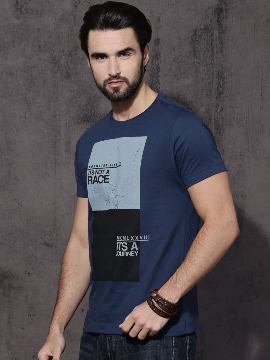 Roadster Men Navy Printed Cotton Pure Cotton T-shirt