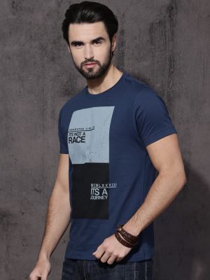 Roadster Men Navy Printed Cotton Pure Cotton T-shirt