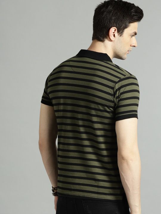 Roadster Men Olive Green & Black Striped Polo Collar T-shirt