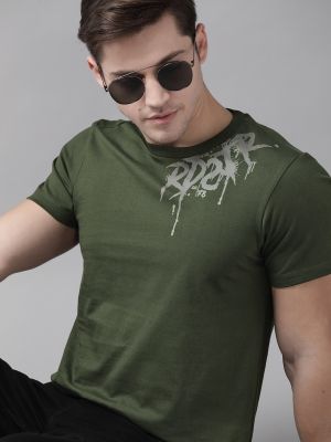 Roadster Men Olive Green & Grey Pure Cotton Brand Logo Print Detail T-shirt