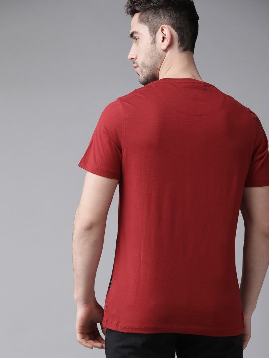 Roadster Men Red Black Pure Cotton Brand Logo Print Round Neck Pure Cotton T-shirt