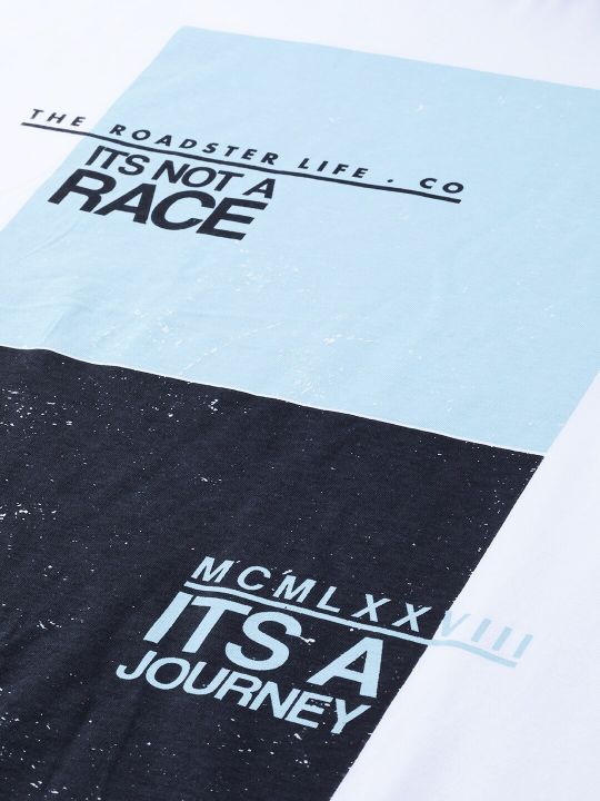 Roadster Men White Blue Printed Round Neck Pure Cotton T-shirt