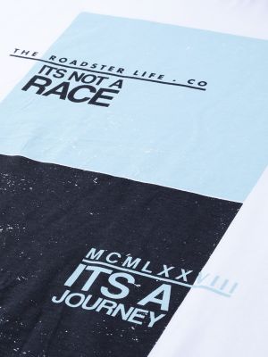 Roadster Men White Blue Printed Round Neck Pure Cotton T-shirt