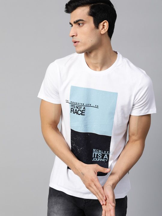 Roadster Men White Blue Printed Round Neck Pure Cotton T-shirt