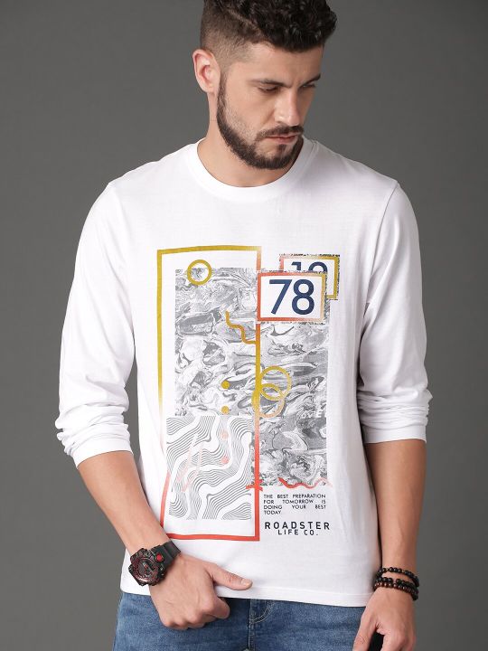 Roadster Men White Printed Round Neck Pure Cotton T-shirt