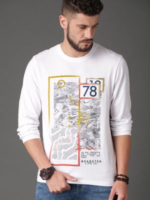 Roadster Men White Printed Round Neck Pure Cotton T-shirt