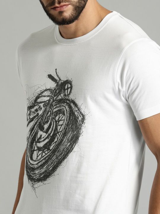 Roadster Men White Printed Round Neck Pure Cotton T-shirt