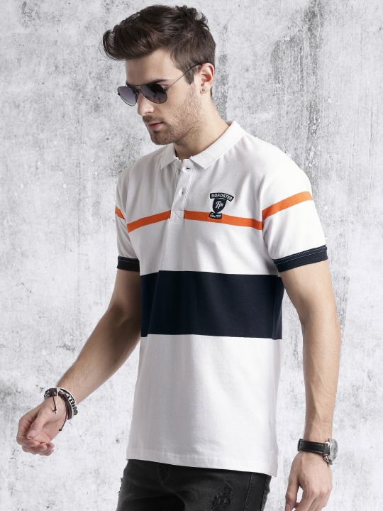 Roadster Men White Striped Polo Pure Cotton T-shirt