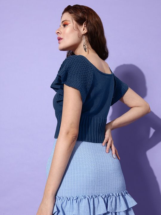 Roadster Navy Blue Self Design Pure Cotton Crochet Crop Top