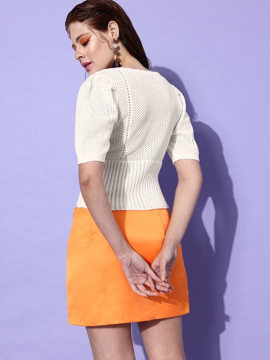 Roadster Off-White Self Design Pure Cotton Crochet Empire Top