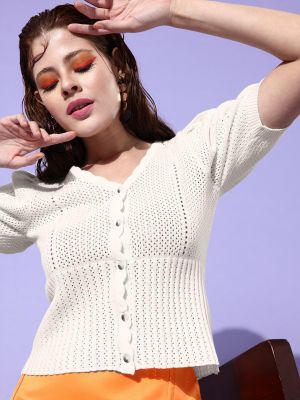 Roadster Off-White Self Design Pure Cotton Crochet Empire Top