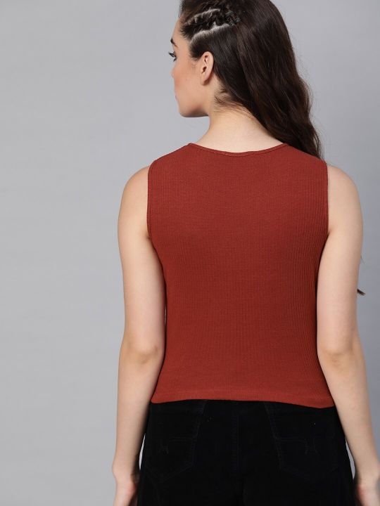 Roadster Rust Brown Solid Pure Cotton Fitted Top