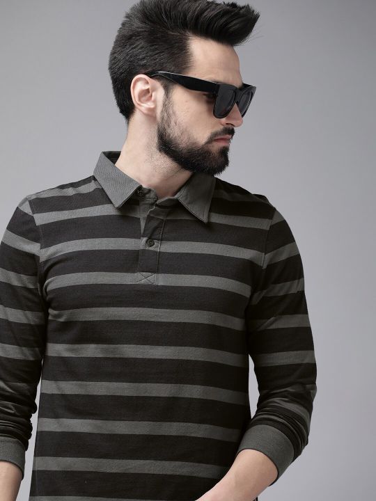 Roadster The Life Co. Men Black & Grey Striped Polo Collar Pure Cotton T-shirt
