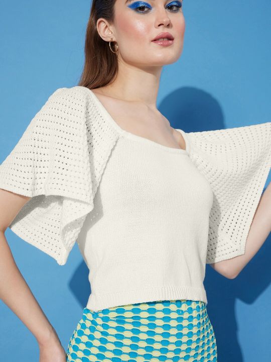 Roadster The Life Co. Women White Solid Pure Cotton Knitted Crochet Top