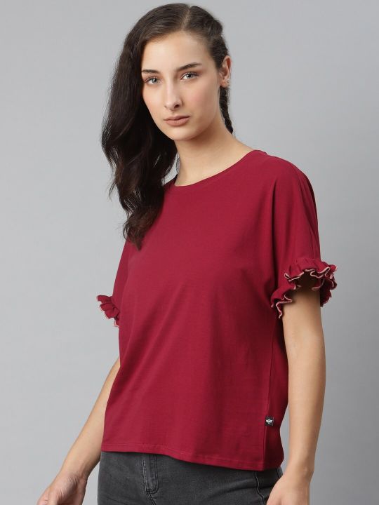 Roadster The Lifestyle Co Maroon Cotton Loose Fit Extended Sleeves Solid Top