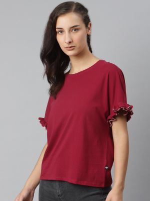 Roadster The Lifestyle Co Maroon Cotton Loose Fit Extended Sleeves Solid Top