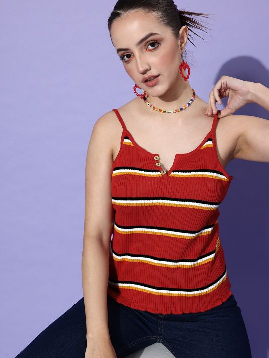 Roadster The Lifestyle Co Maroon & White Self-Striped Ribbed Split Neck with Shoulder Straps Top