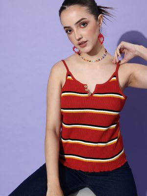 Roadster The Lifestyle Co Maroon & White Self-Striped Ribbed Split Neck with Shoulder Straps Top