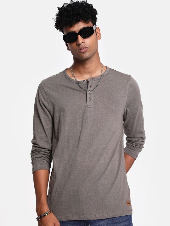 Roadster The Lifestyle Co. Men Ash Grey Henley Neck Pure Cotton T-shirt