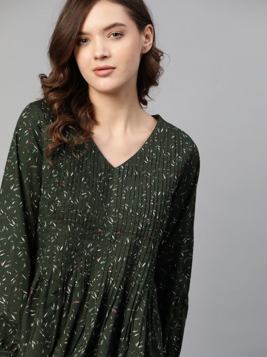 Roadster The Lifestyle Co Olive Green & White Geometric Pure Cotton Pintucks Puff Sleeve A-Line Sustainable Top