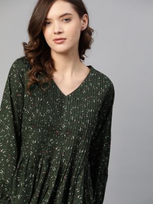 Roadster The Lifestyle Co Olive Green & White Geometric Pure Cotton Pintucks Puff Sleeve A-Line Sustainable Top