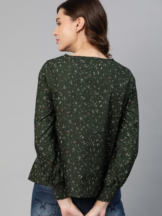 Roadster The Lifestyle Co Olive Green & White Geometric Pure Cotton Pintucks Puff Sleeve A-Line Sustainable Top