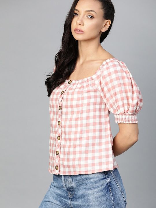 Roadster The Lifestyle Co White & Pink Pure Cotton Checked Puff Sleeve Regular Sustainable Top