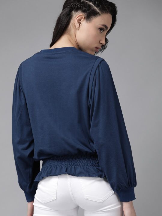 Roadster The Lifestyle Co Women Navy Blue Solid Cinched Waist Top