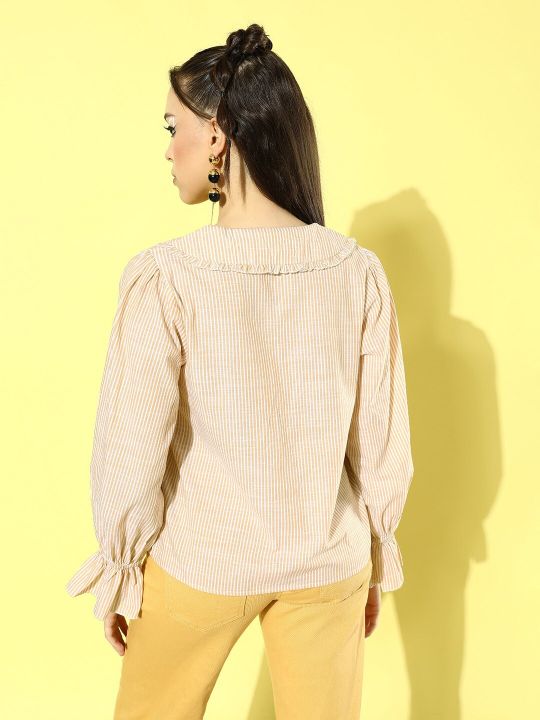 Roadster The Roaster Lifestyle Co.Yellow Striped Peter Pan Collar Pure Cotton Shirt Style Top