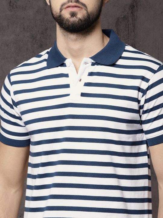 Roadster Time Travlr Men White & Blue Striped Polo T-shirt