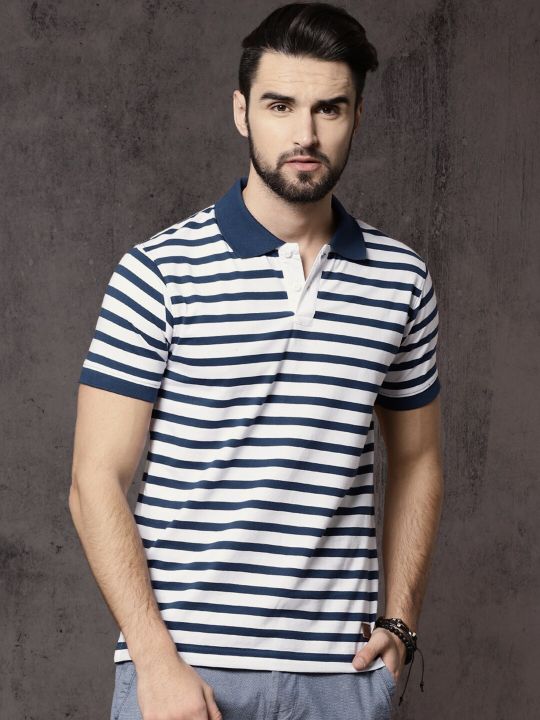 Roadster Time Travlr Men White & Blue Striped Polo T-shirt