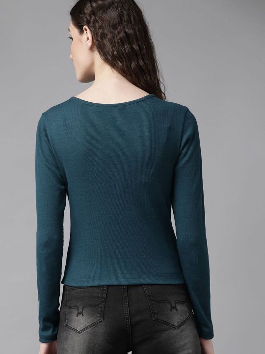 Roadster Women Blue Solid V-Neck Regular Top