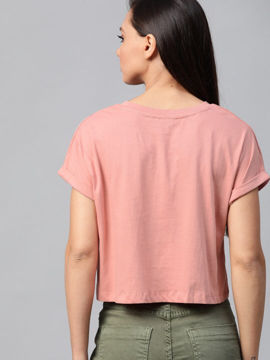 Roadster Women Dusty Pink Solid Round Neck Crop Top