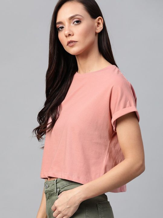 Roadster Women Dusty Pink Solid Round Neck Crop Top