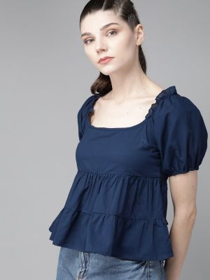 Roadster Women Navy Blue Puff Sleeves Pure Cotton Solid Tiered Top