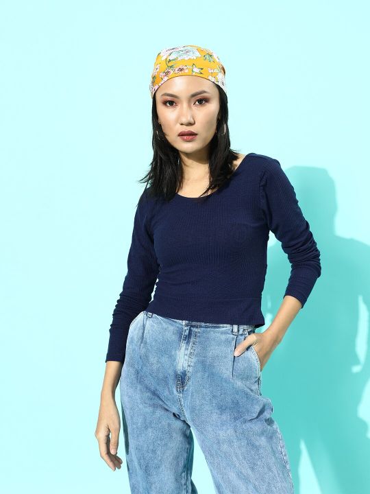 Roadster Women Navy Blue Solid Top