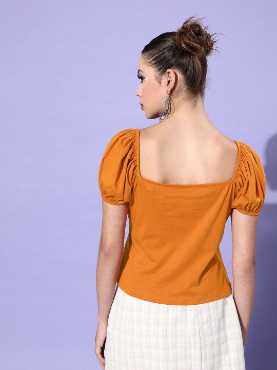 Roadster Women Orange Solid Puff-Sleeve Blouson Top With Tie-Up Detail
