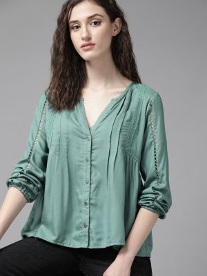 Roadster Women Teal Solid V-Neck Empire Top