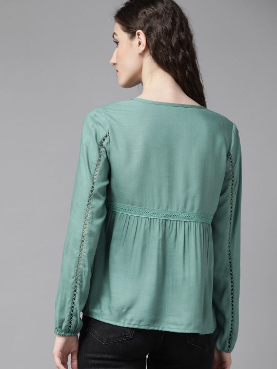 Roadster Women Teal Solid V-Neck Empire Top