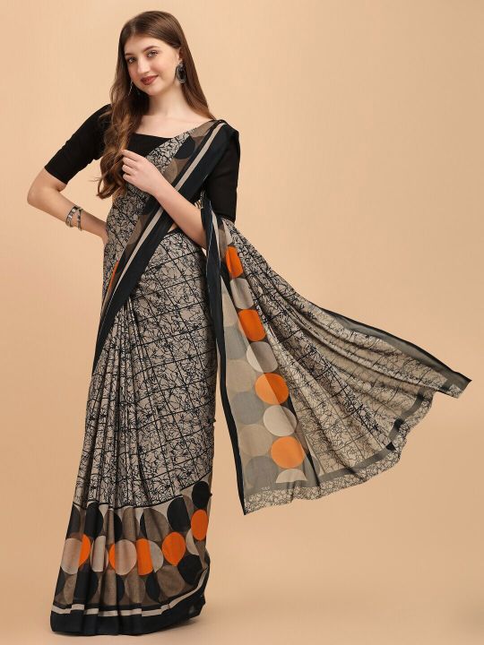 Sangria Black & Beige Pure Georgette Saree