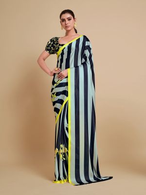 Sangria Navy Blue & Green Striped Satin Saree