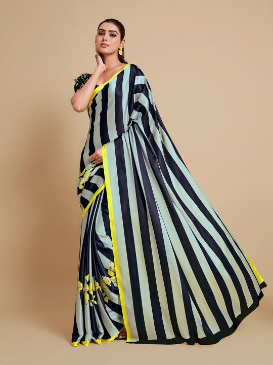 Sangria Navy Blue & Green Striped Satin Saree