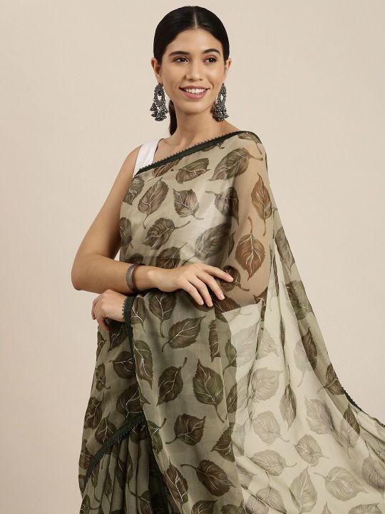Sangria Olive Green Leaf Print Pure Chiffon Saree