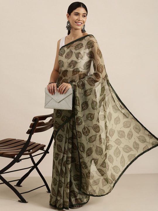 Sangria Olive Green Leaf Print Pure Chiffon Saree